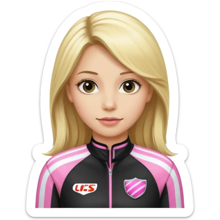 blonde long hair woman with black racing outfit with pink strips sticker