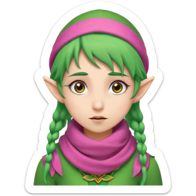 An elf girl with green hair, brown eyes, and a pink scarf who appears to be extremely stressed. sticker