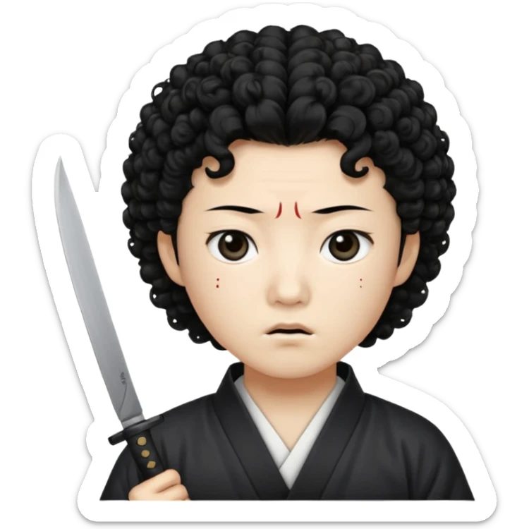Korean murderer white skin with Asian eyes and holding knife with black Korean perm hair sticker