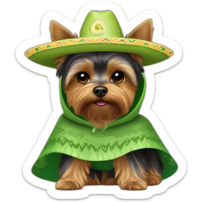 yorkie wearing avocado sombrero and green green baja poncho sticker