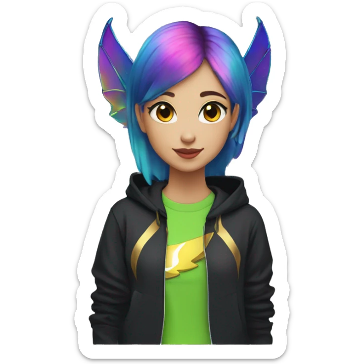 Lady with brunette and iridescent blue hair, gold, lime green dragon wings, black hoodie, oilslick holographic, black and gold Nike t shirt, and bright red eyes sticker
