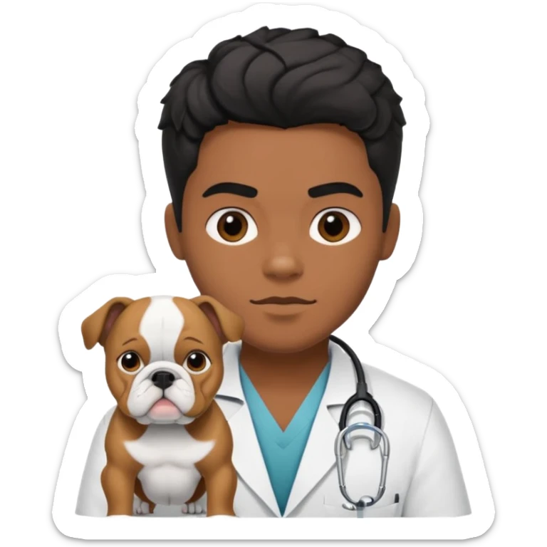 joven médico con el pelo un poco largo pero no tanto y lacio, que tenga un estetoscopio de color de piel tez negra calida !!! que sostiene un bulldog francés blanco sticker