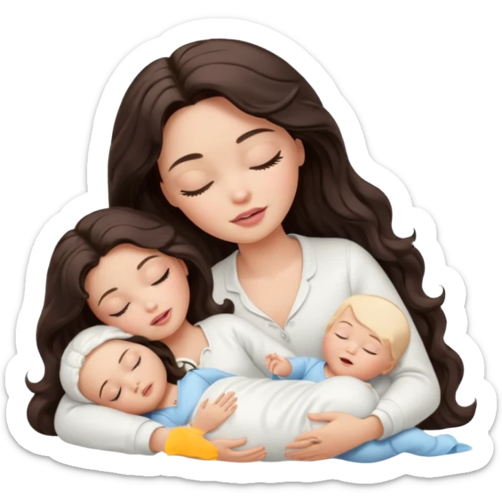 White Barbie girl dark brown long wavy hair in white clothes sleeping with white baby at cream bed, eyes are closed sticker