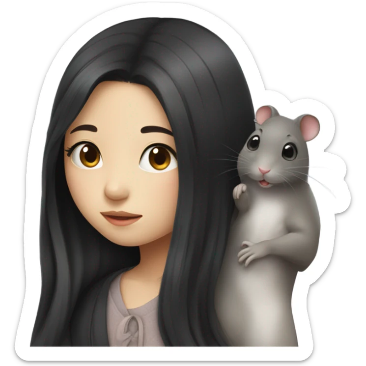 A korean girl with long black hair whispering to a rat sticker