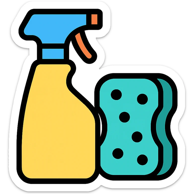 colorful icon of cleaning supplies, including spray bottle and sponge sticker