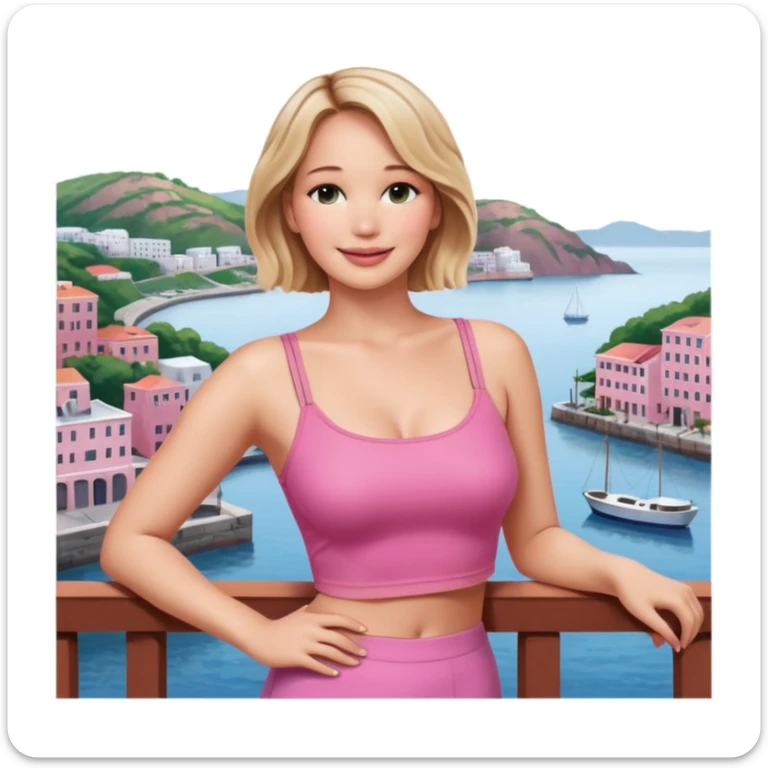 jennifer lawrence, pink crop top leaning on a balcony with a harbor and cityscape in the background, smiling sticker
