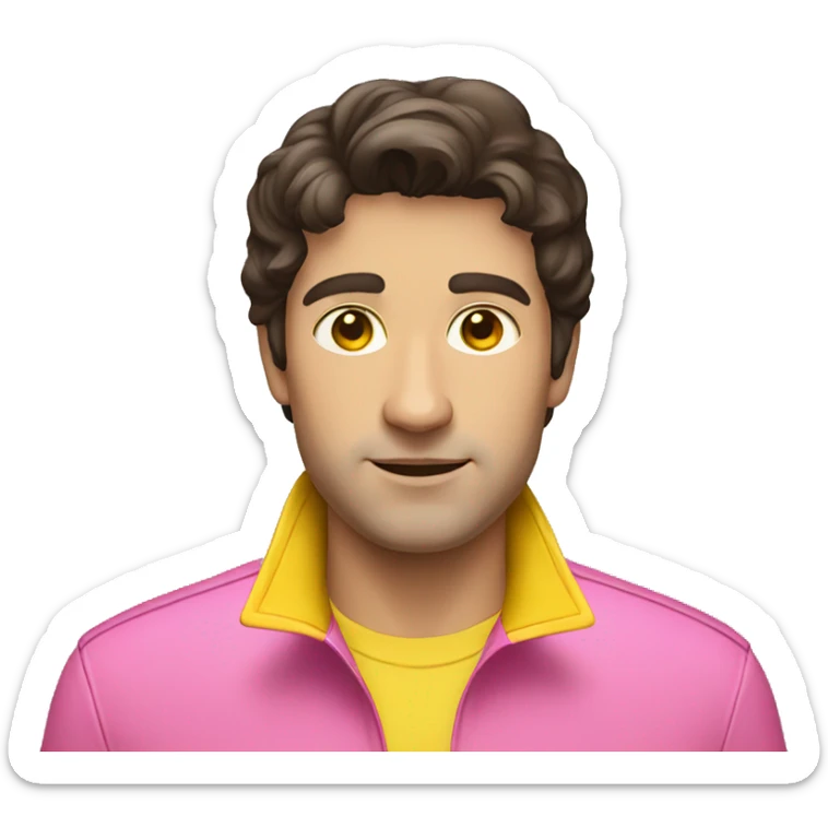 dark brown haired adult man wearing pink polo and yellow raincoat sticker