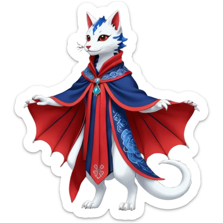 Kawaii black, red, indigo, cute beautiful pretty elegant divine edgy feline-vernid-sergal-Haku-dragon-fursona-animal-creature, full body, with intricate detailed markings, Embroidered capelet, silken shawl sticker