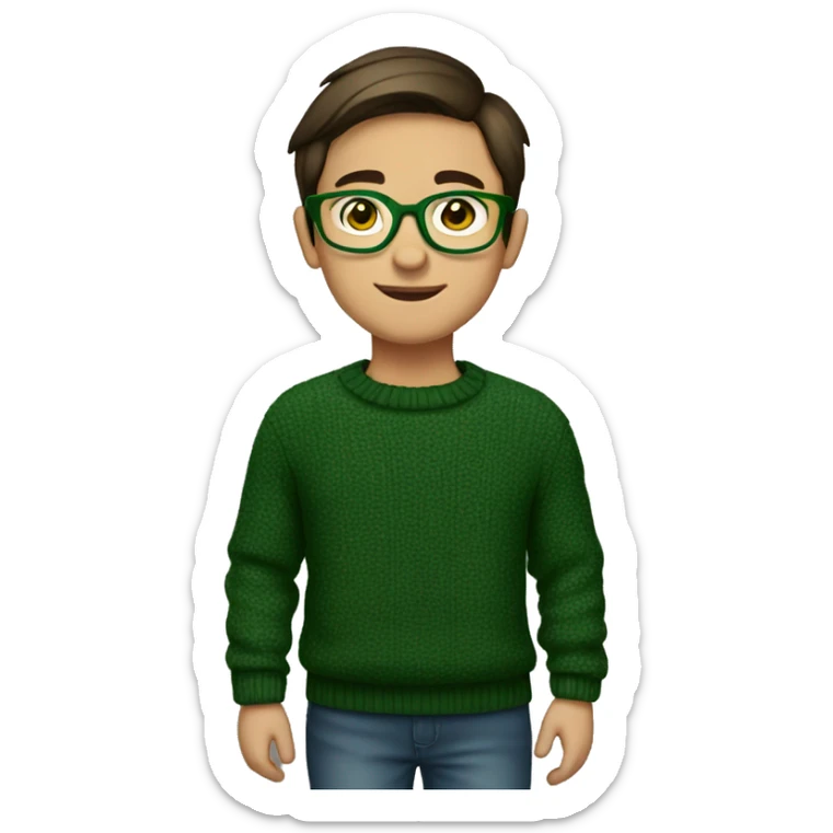 winter, christmas, young boy, short  brown hair, brown eyes, hispanic, dark green sweater, full body, green glasses sticker