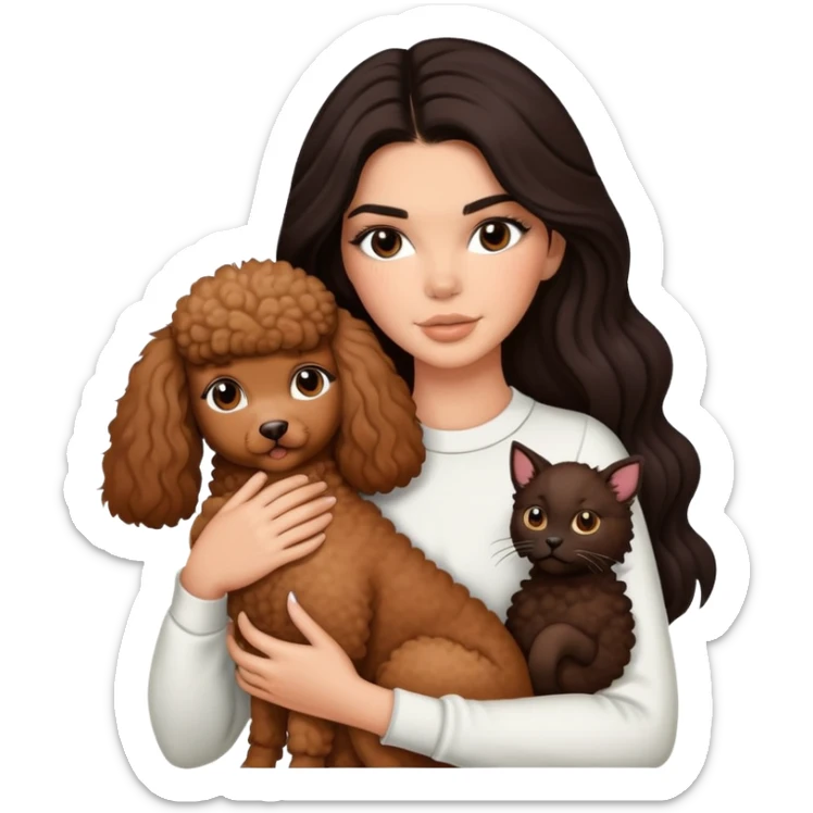 Kendall Jenner with long dark hair holding a brown poodle and a cow cat in her arms sticker
