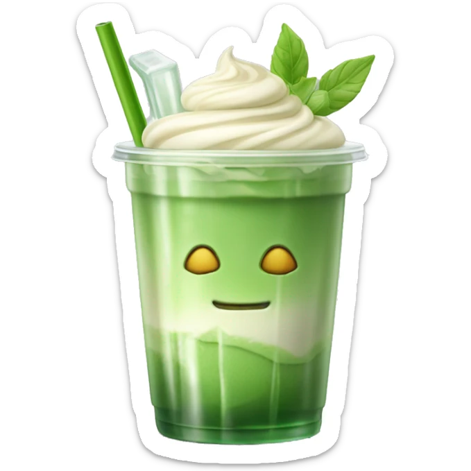 Fresh looking iced Matcha Latte with a Glass Straw and in a glass cup which looks like a plastic cup sticker