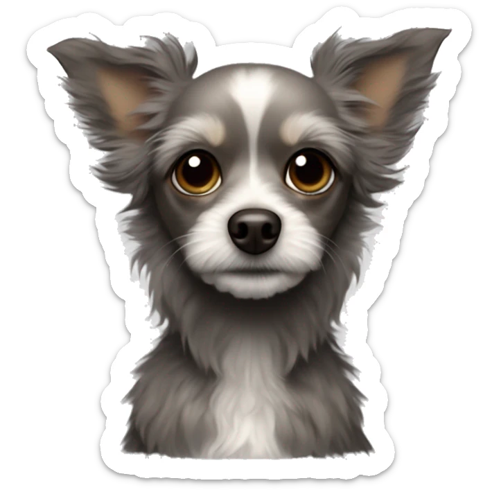 chihuahua poodle mix, small, dark, scruffy dog with large, expressive eyes and pointed ears. It has prominent ears that stand upright and a mix of gray and dark brown fur with some lighter areas around the face and chest sticker