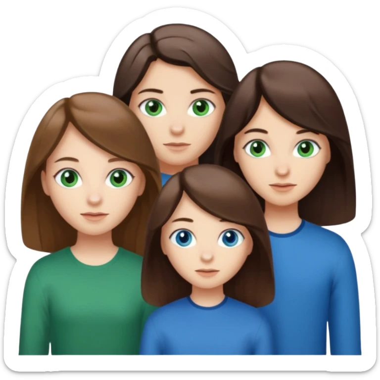 Three people total: Two girls brunette one with straight long hair and blue eyes one with curled hair middle length and green eyes and the other a boy lighter brown with blue eyes  sticker