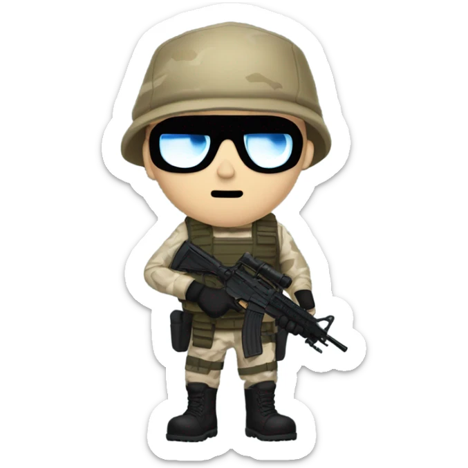 White male, call of duty black mask, camo tactical gear, tan combat boots, black beanie, blue eyes sticker