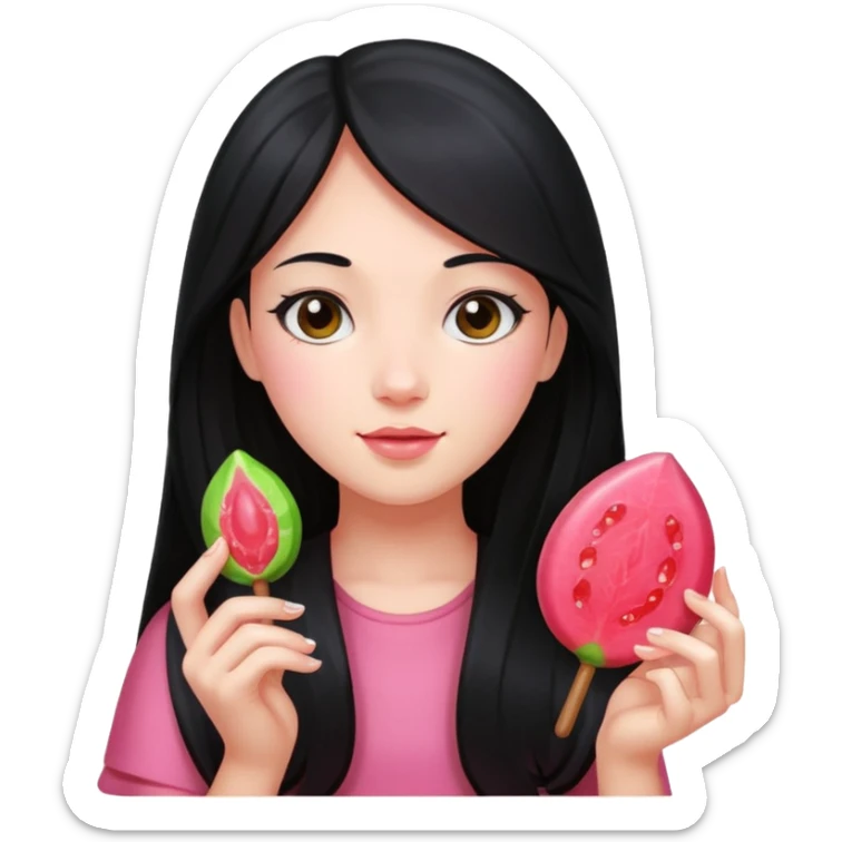 A girl with long black hair holding a piece of guava hard candy sticker