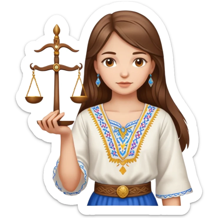 Ukrainian girl with brown hair wearing a traditional embroidered vyshyvanka shirt, holding scales of justice in her hand sticker
