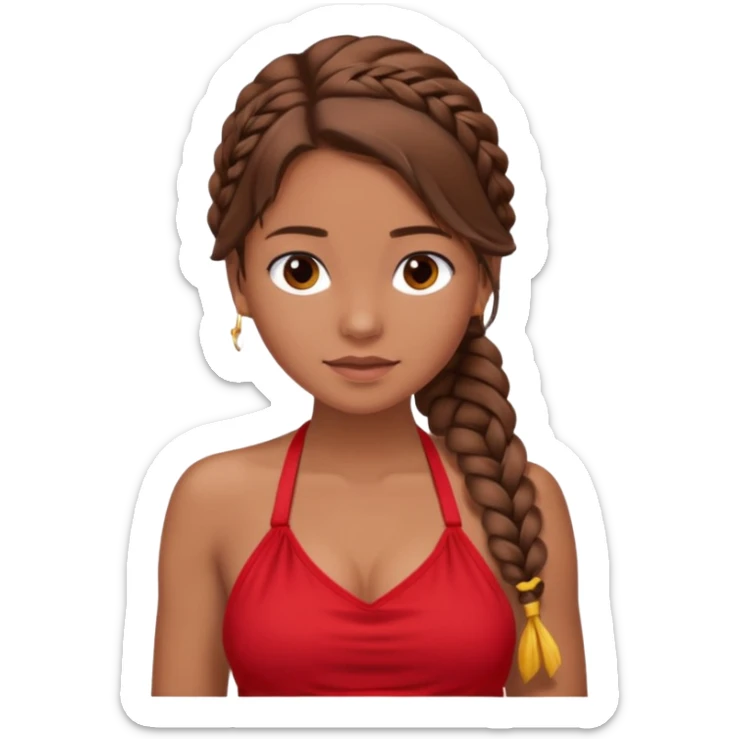 A tanned girl's face loose side braid brown hair with red halter top sticker
