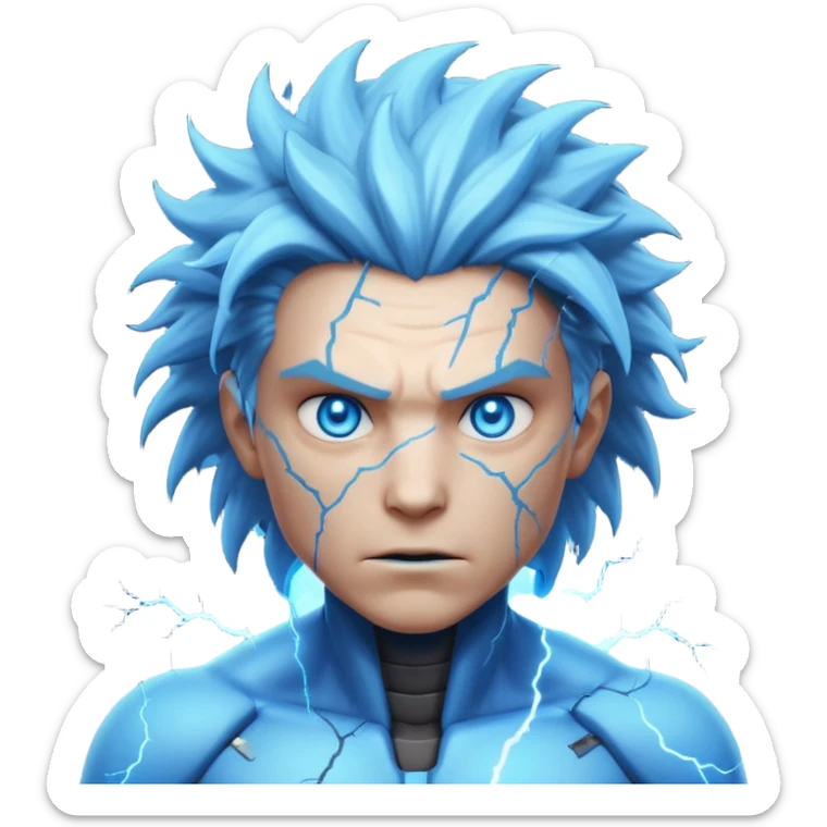 electric lab mutant portrait, head and shoulders only, glowing blue energy cracks on skin, wild hair, intense eyes, sci-fi lab accident vibe, 3D cartoon, mobile game icon style, clean background, no text, no watermark

 sticker
