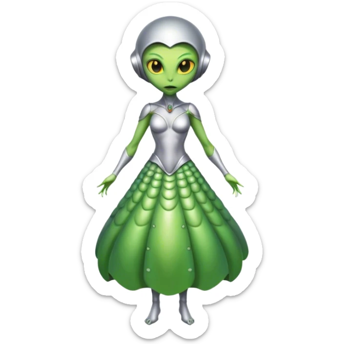 Green Alien woman with Cycloid scales, in silver dress, full figure, yellow eyes sticker
