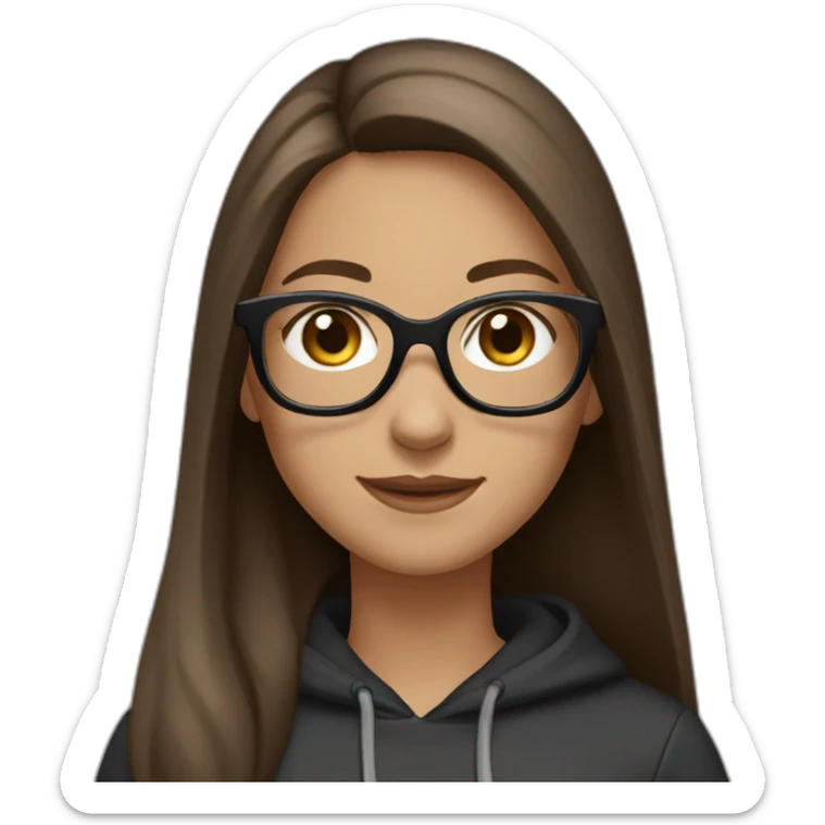 a girl with glasses, smile, long straight brown hair, grey eyes, light skin and black hoodie  sticker