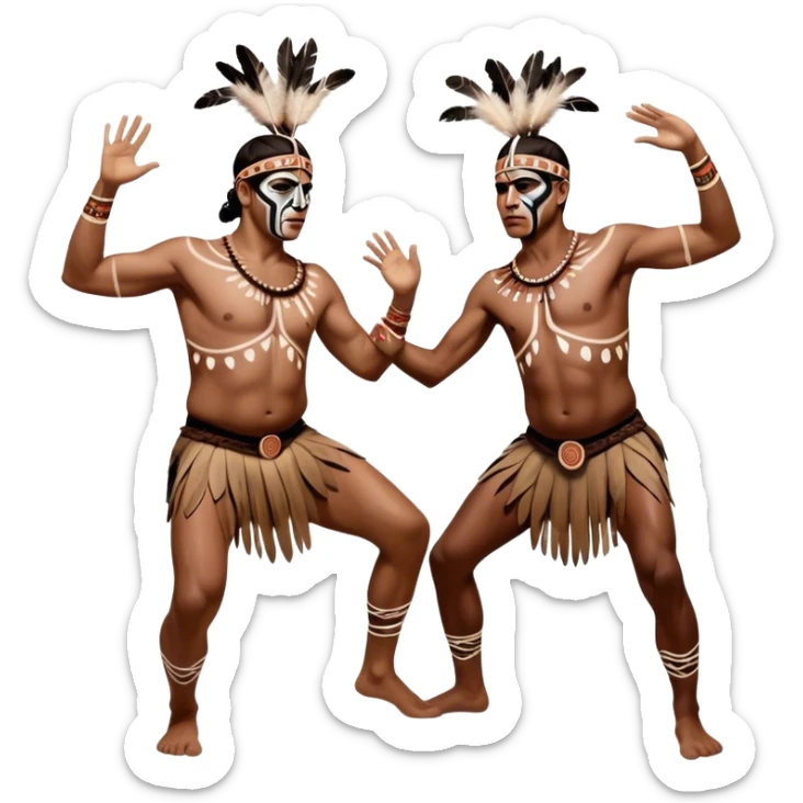 Cinematic Realistic scene of two indigenous male aboriginals performing an Aboriginal Corroboree, adorned in traditional body paint, captured in fluid motion with earthy tones and vibrant, cultural lighting sticker