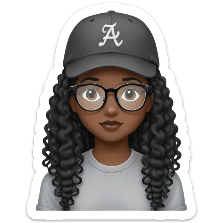 Nữ 15 tuổi, da đen, đeo kính gọng màu đen, tóc dài( màu đen, xoăn), mũ lưỡi trai quay ngược, áo màu ghi sticker