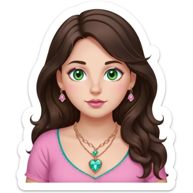 Girl girl long wavy dark brown hair with middle part, green/blue/gold eyes, plus size, pink girly top, right nostril rose gold nose ring, pink heart crystal necklace  sticker