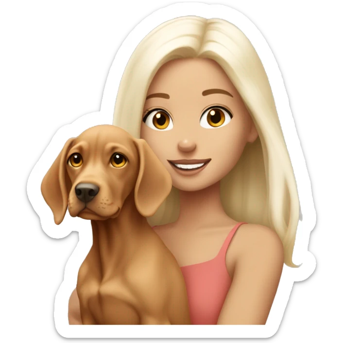 Pretty tan girl with long white blonde hair with vizsla puppy sticker