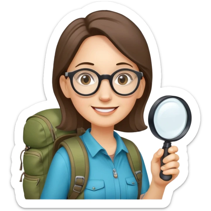 Happy woman hiker in her 40s with glasses and backpack, holding exactly one magnifying glass in one hand only sticker