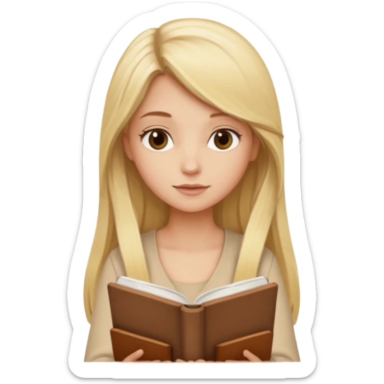 Blonde sexy girl with long hair reading a brown book, beige set  sticker