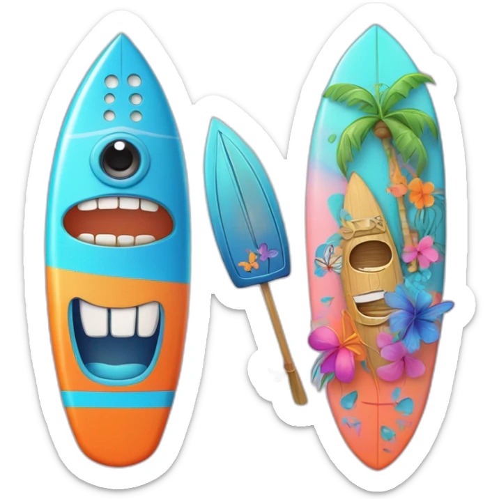 A surfboard Cartoon Blue and orange tiki smiling with butterfly and and Cartoon Blue and pink tiki singing with butterfly and mikrophone sticker
