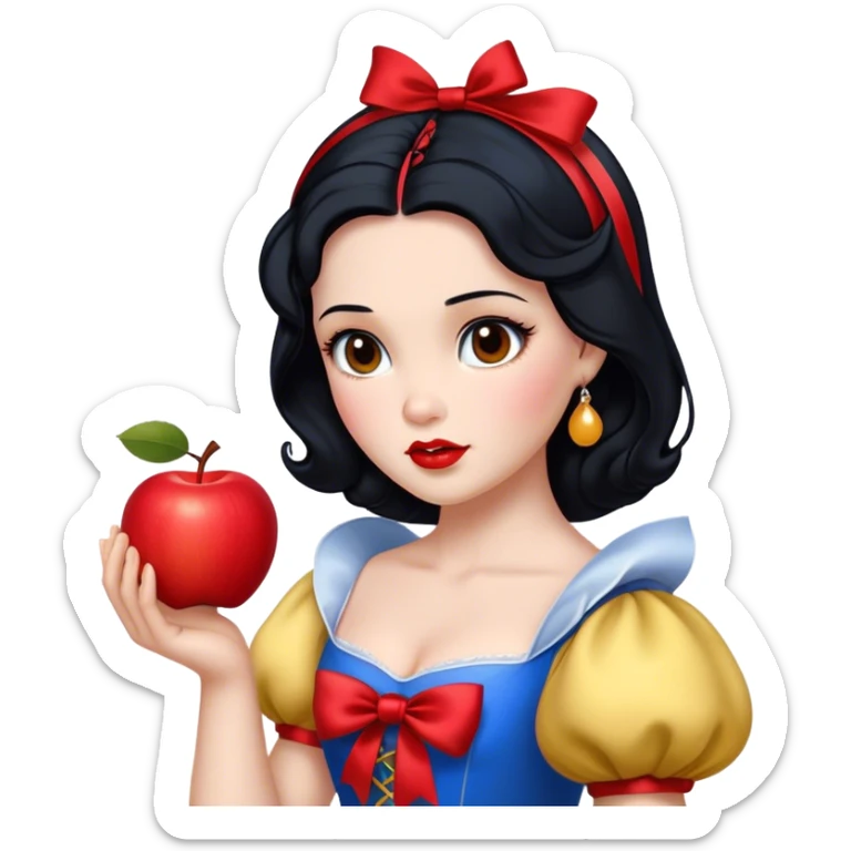Cinematic Realistic Snow White Portrait, depicted with lifelike skin texture, soft natural lighting, and intricately detailed black hair styled with a red ribbon. Her soft brown eyes radiate innocence and kindness, complemented by a warm, gentle smile. She holds an apple in one hand, her other hand resting against her cheek, embodying her purity and charm. She is dressed in her classic yellow, blue, and red gown, the fabric rich in texture with delicate folds that catch the light beautifully. The portrait features a soft, natural glow with a radiant finish, capturing the essence of timeless beauty in a realistic and painterly style. sticker