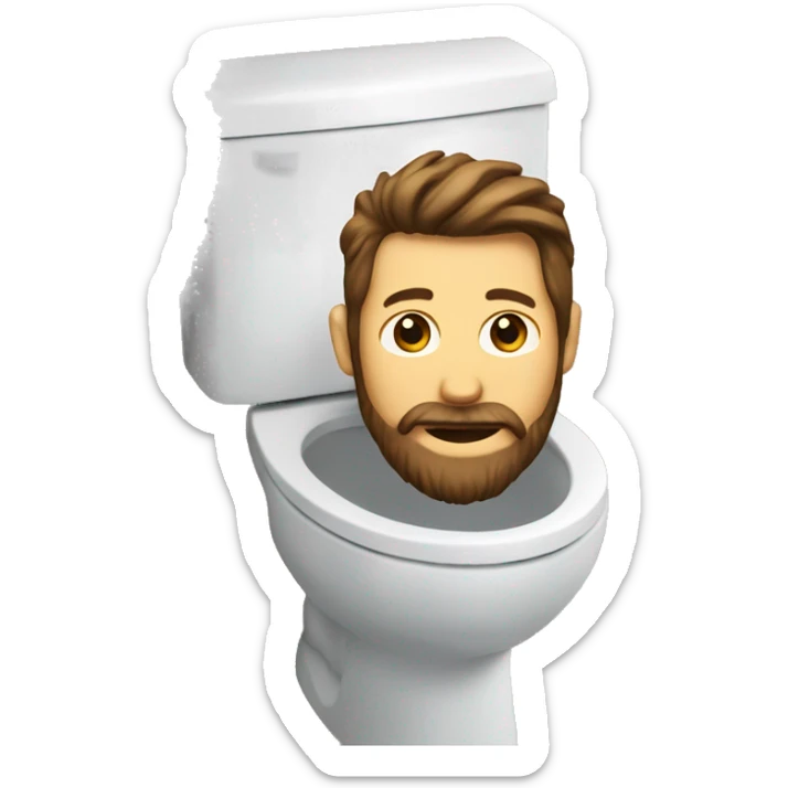a toilet with a man's head coming out with brown hair and a beard sticker
