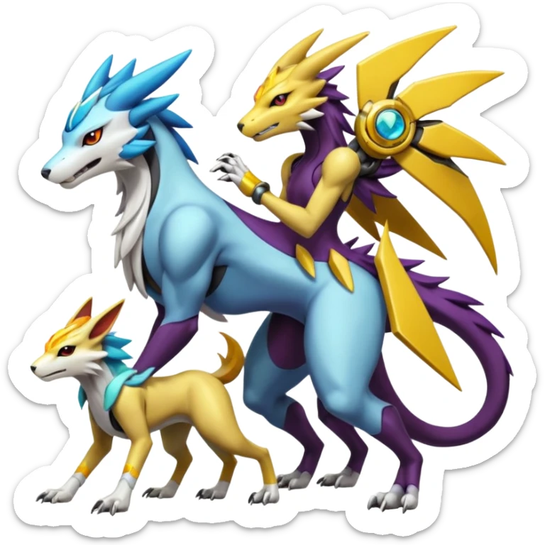 Colorful Futuristic Meloetta-Manectric-Solgaleo-Raikou-Wargreymon-Sergal-Pokémon-Digimon-Fakémon-fusion-hybrid-creature sticker