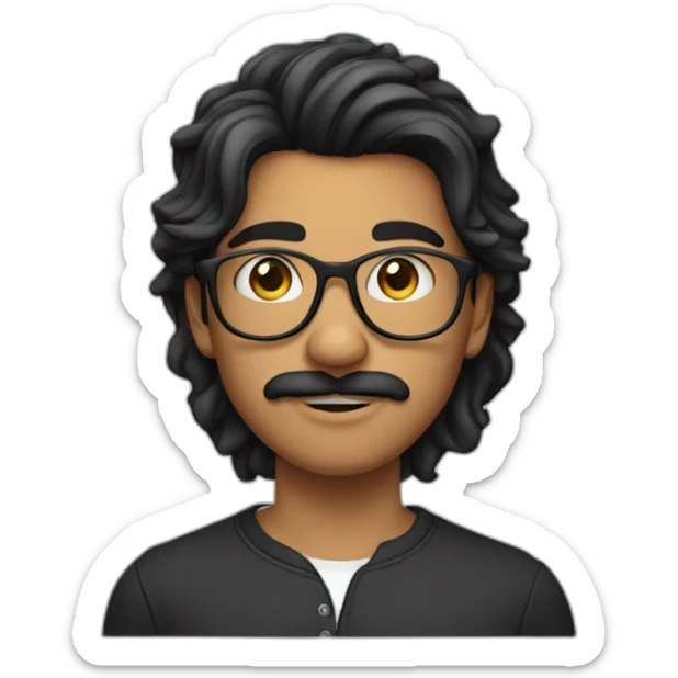 Indian teenager, with moustache and a goatee, with long wavy black hair, wearing glasses sticker