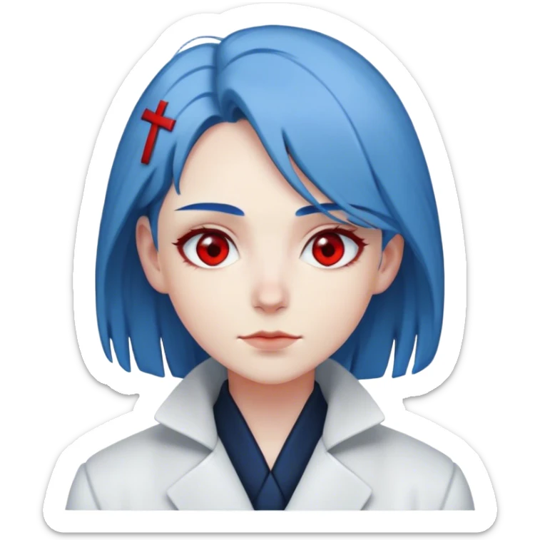 emoji de Personaje con ojos rojos, cabello azulado, ropa oscura y un abrigo blanco, con una sonrisa leve , y una expresión serena, que refleja tranquilidad y seguridad sticker