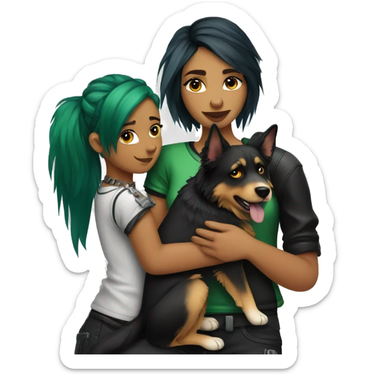 punk girl with green and black hair hugging a german shepard dog and an australian shepard dog sticker