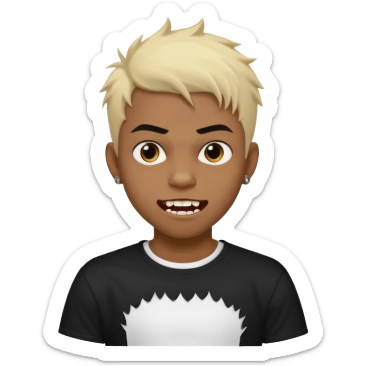 Black Male Teenager with Short punk messy blonde hair, Dark brown bushy eyebrows large expressive golden-brown eyes, wearing a plain white t-shirt, Dark Brown skin color. vampire tooth sticker