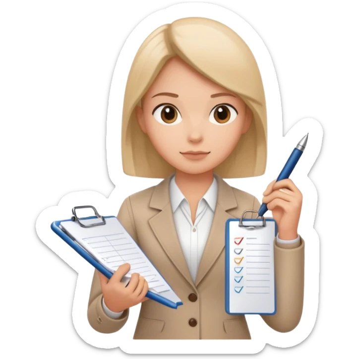 a person holding a checklist and pen, wearing smart casual clothing. The character is in a focused pose sticker
