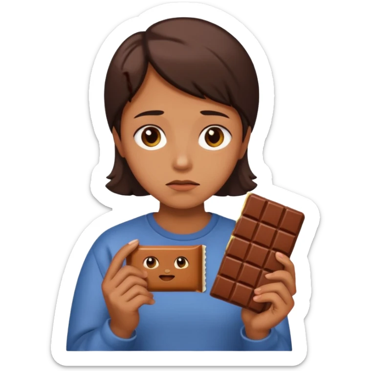 sad person emoji in Apple style holding a chocolate bar in hand, sad facial expression, compact sticker