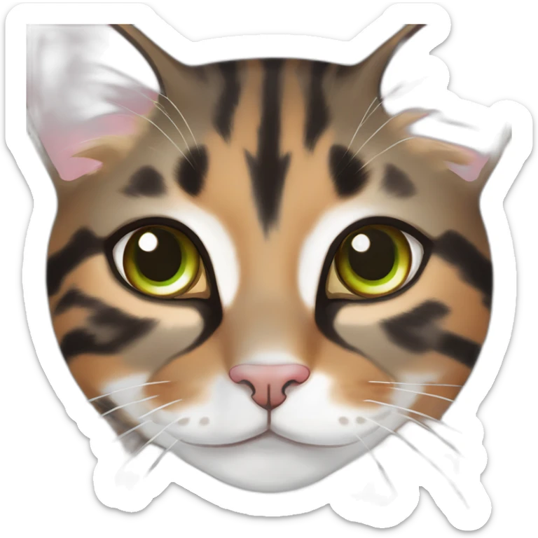 young striped calico cat face with a pink nose, white chin, green eyes, and orange/brown markings sticker