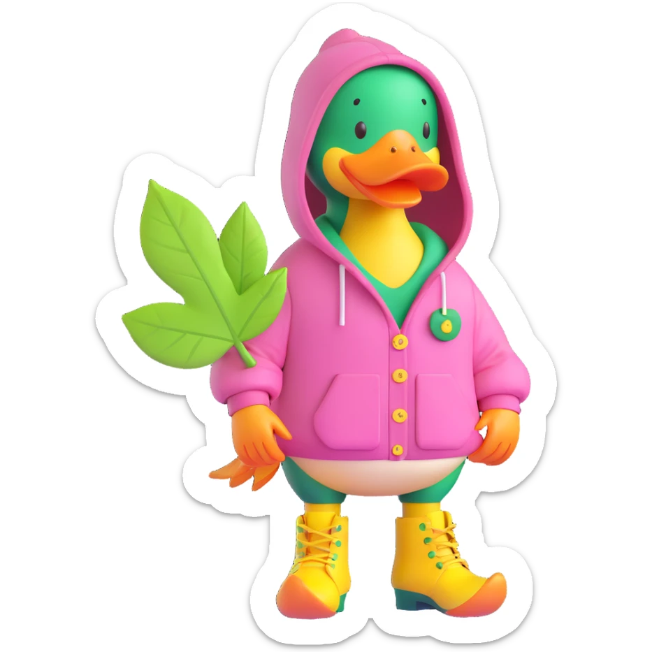A duck wearing a pink hoodie with green buttons, yellow boots, and a green leaf on its chest. sticker