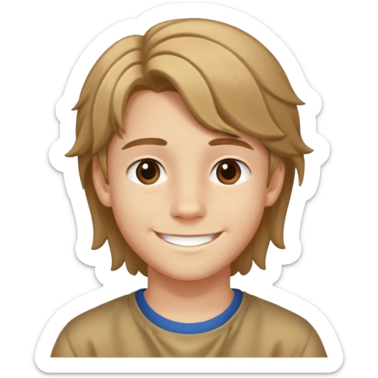 Teen boy with light complexion, brown curtain hair, middle part hairstyle, smiling face, 14 years old sticker