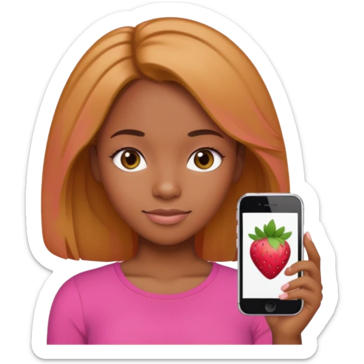 black girl with olive skin, hair blending strawberry blonde and brunette tones to look natural, pink top, slight smile, Apple iPhone emoji style sticker