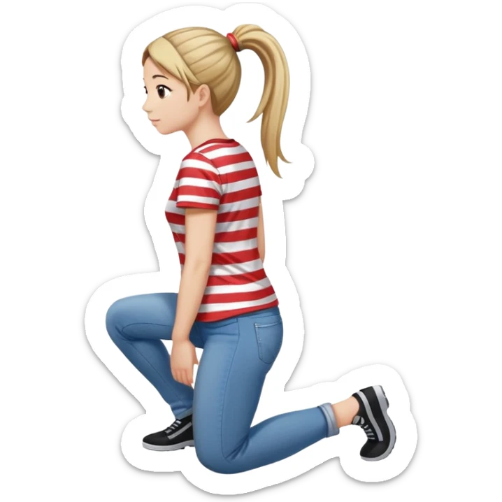 young woman with ponytail wearing jeans and striped t-shirt kneeling viewed from behind sticker