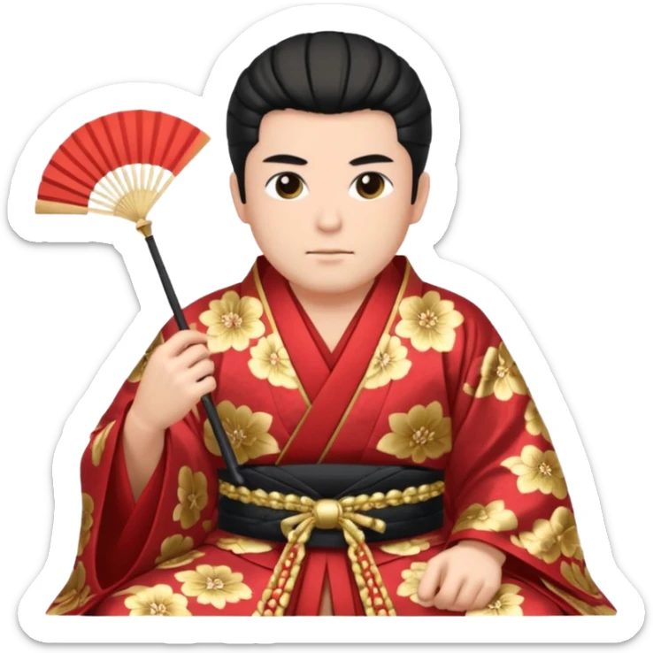 Wealthy warlord in ornate kimono, crest on chest, seated with fan in hand. sticker