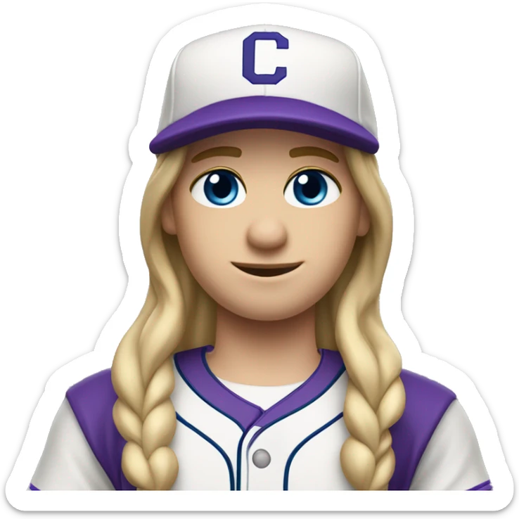 baseball card character. Dirty blonde long straight hair. blue eyes.  letter C logo. Purple and white uniform.  sticker