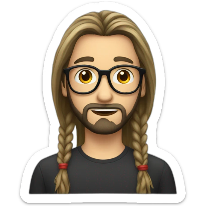 A boy with long tied hair and a beard with elongated glasses with black frames and red lenses sticker