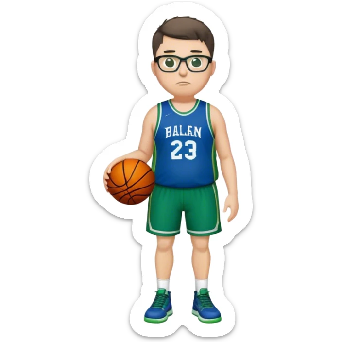 Full Body overweight white male with dark short spike hair basketball player wearing glasses wearing blue green uniform sticker
