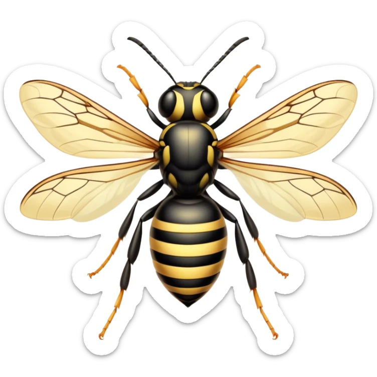 Beautiful and Majestic Wasp Portrait Emoji, Head and body rendered in serene repose with a gentle, confident smile, showcasing a refined, streamlined form with delicately patterned stripes and softly closed, focused eyes, Simplified yet exquisitely endearing features, highly detailed, glowing with a soft, drowsy radiance, high shine, relaxed and utterly noble, stylized with an air of regal insect elegance, soft glowing outline, capturing the essence of a beautiful and majestic wasp that embodies the refined power of nature! sticker